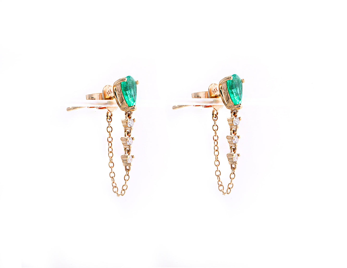 14K Rose Gold Emerald and Diamond Chain Drop Earring
