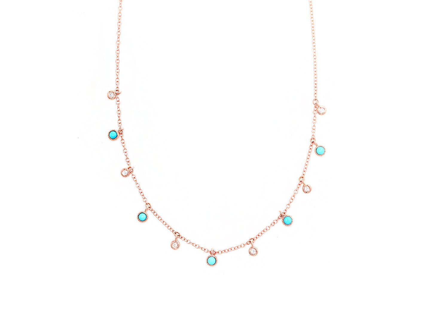 14k Rose Gold turquoise and diamond multiple drop necklace
