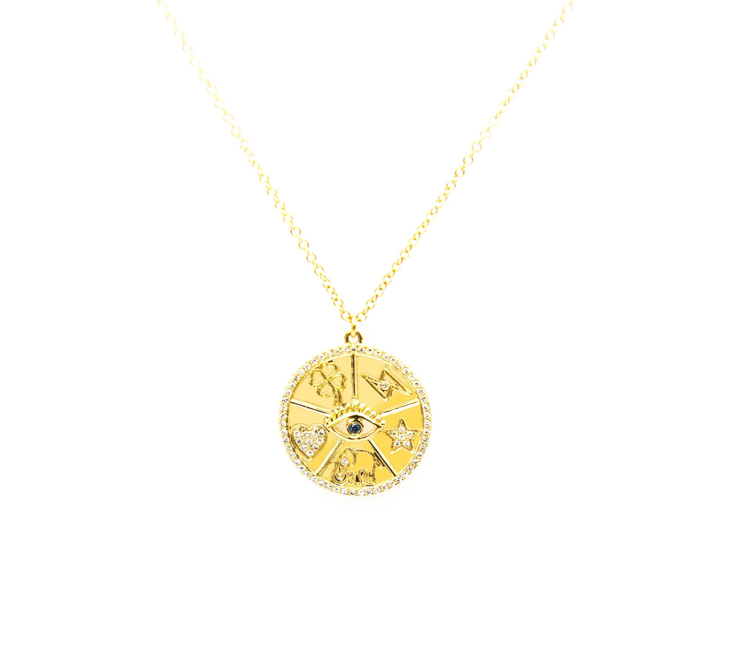 14k Yellow Gold and Diamond Medallion Lucky Necklace. Clover, Lightening Bolt, Star, Elephant and Heart and Evil Eye