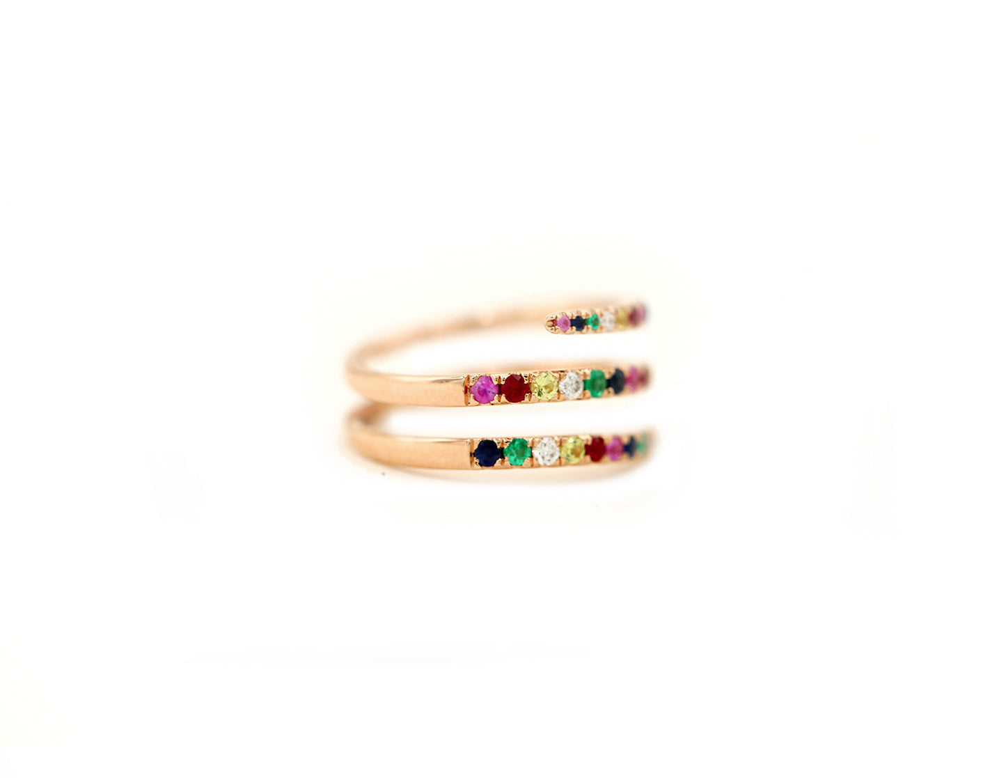 14k rose gold rainbow sapphire coil ring