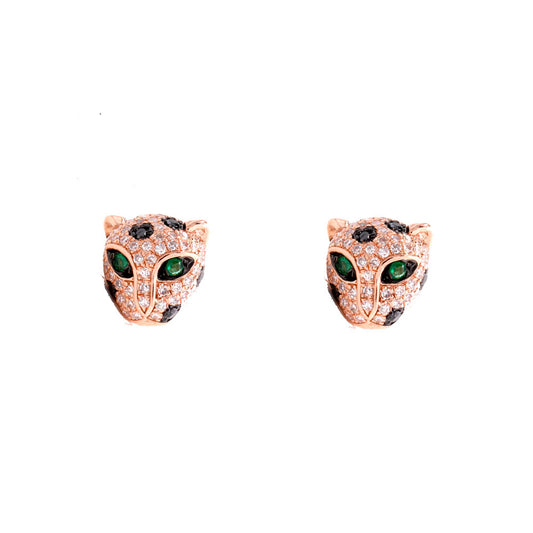14k Rose Gold Diamond Pave, Emerald and Black Diamond Panther Studs