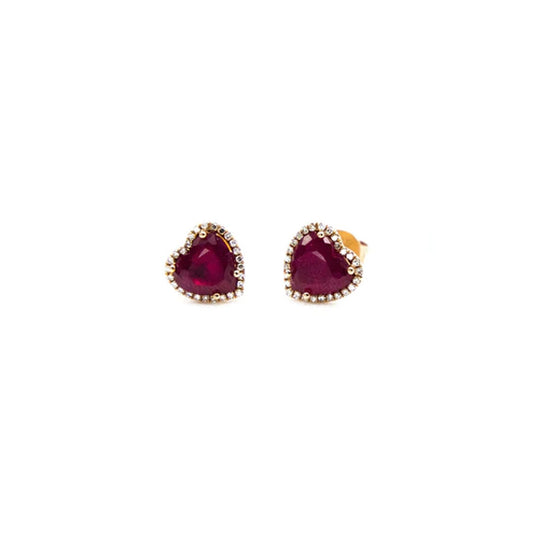 14k Yellow Gold Ruby and Diamond Pave Heart Studs