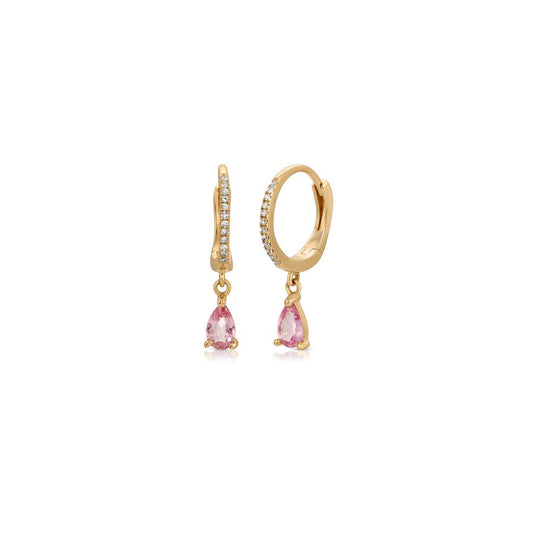 14K Yellow Gold Diamond Huggy with Pink Sapphire Drop