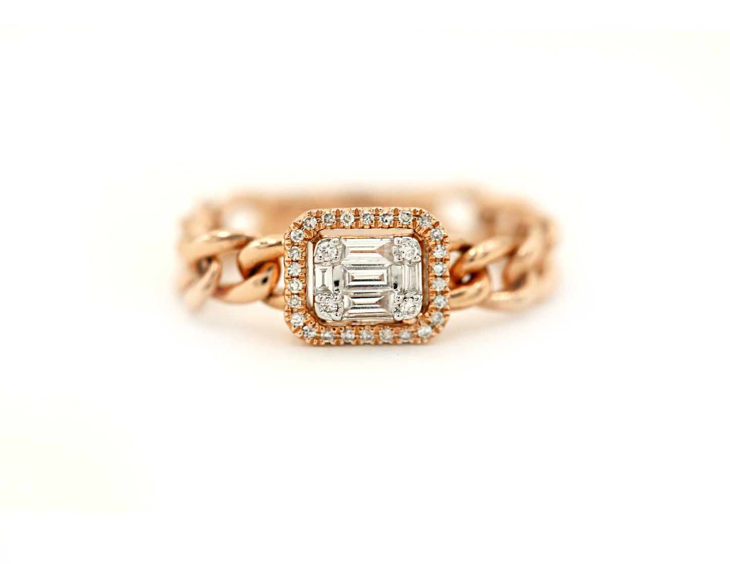 14k Rose Gold Diamond Pave and Diamond Baguette Chain Link Ring