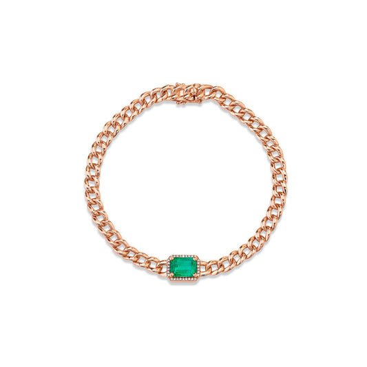 14K Rose Gold Emerald and Diamond Pave Chain Link Bracelet
