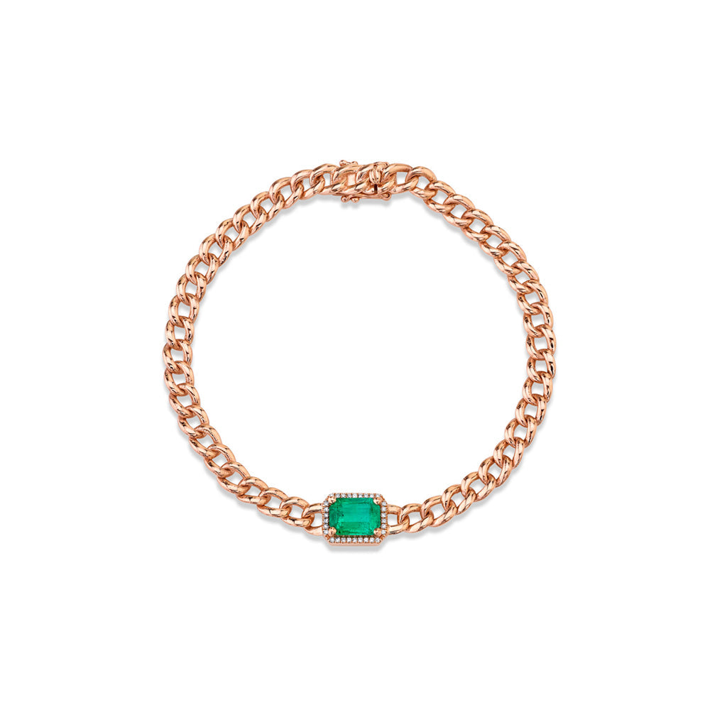 14K Rose Gold Emerald and Diamond Pave Chain Link Bracelet