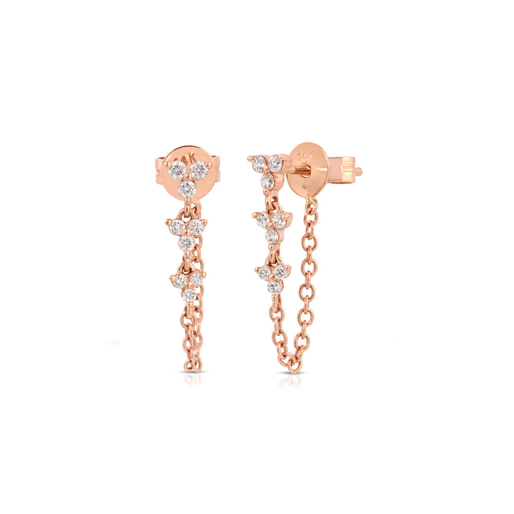 14K Rose Gold Three Diamond Triple Triangle and Chain Drop Stud