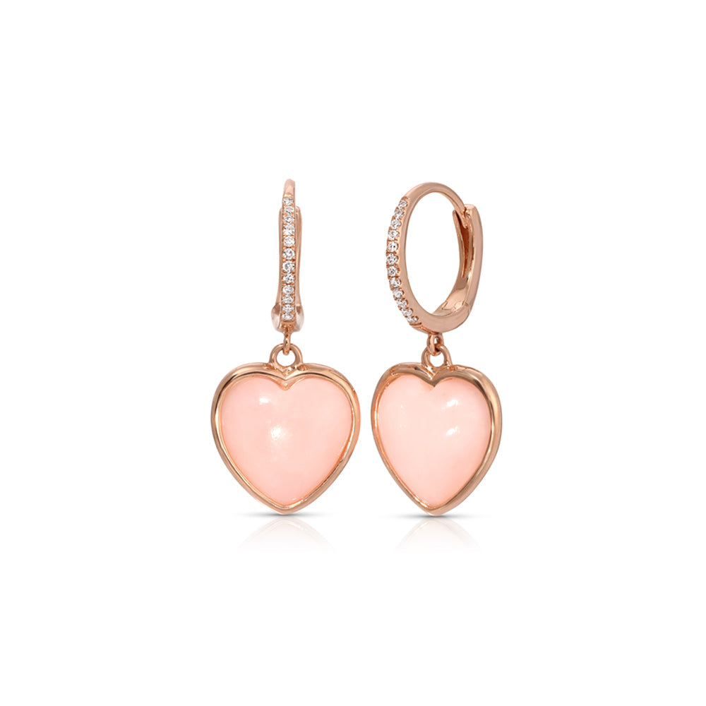 14K Rose Gold Diamond Pave Huggy with Pink Opal Heart Drop Earring