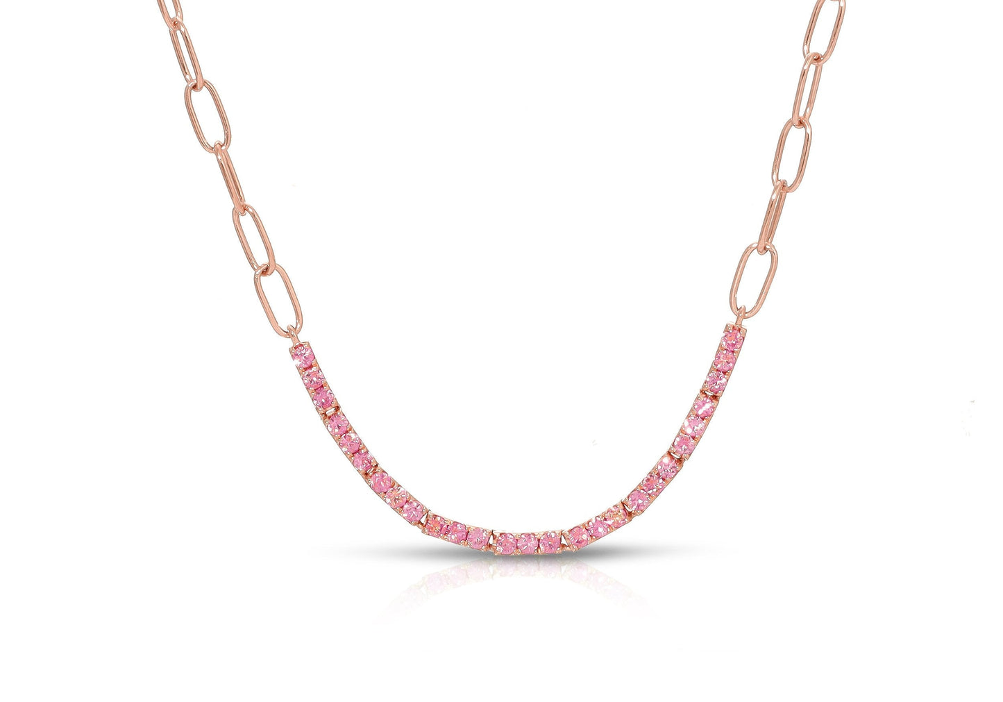 14K Rose Gold Chain Link Pink Sapphire Curve Necklace