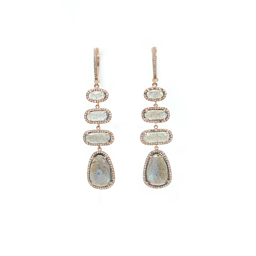 14KT Rose Gold Diamond Pave and Labradorite Slice Earrings