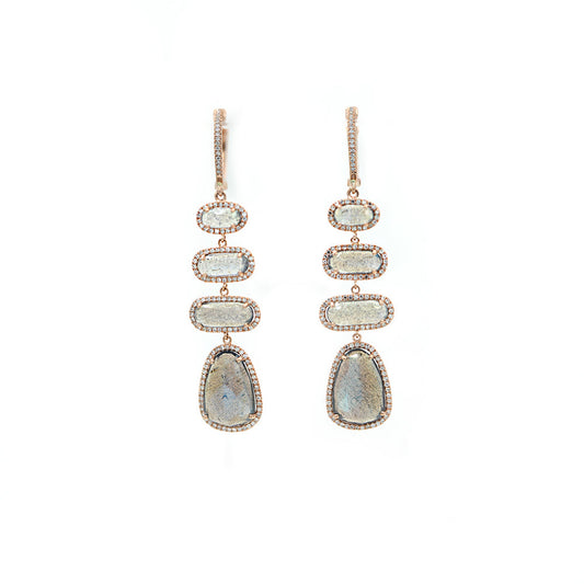 14KT Rose Gold Diamond Pave and Labradorite Slice Earrings