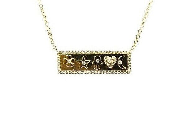 14k Yellow Gold and Diamond Pave Lucky Bar Necklace. Clover, Star, Hamsa, Heart and Moon necklace