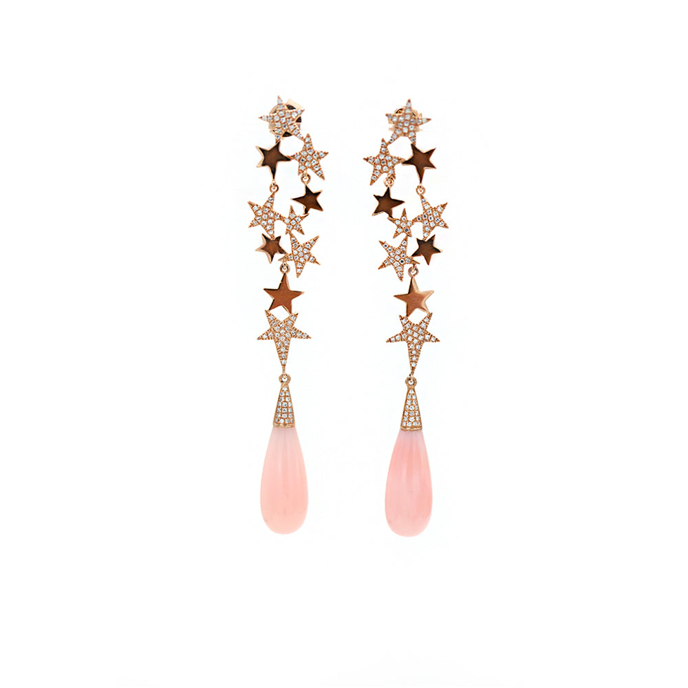 14k Rose Gold Diamond Pave Star and Pink Opal Earrings