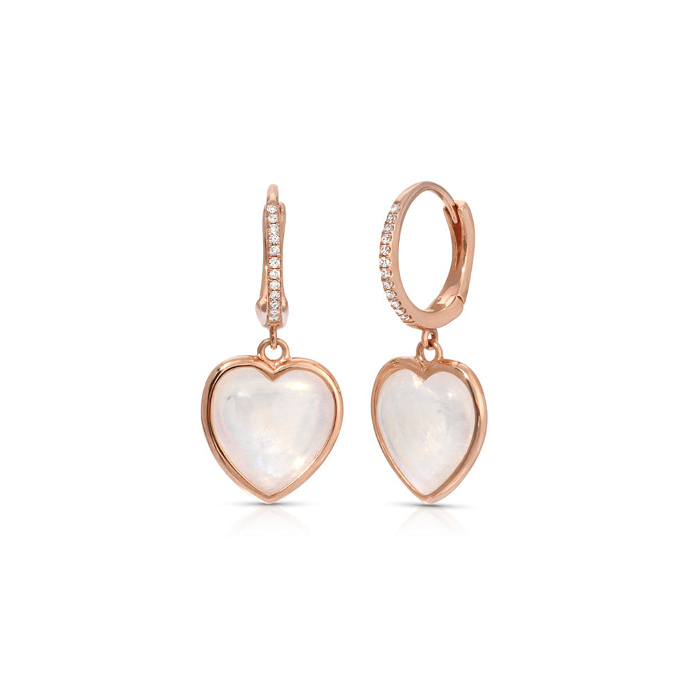 14K Rose Gold Diamond Pave Huggy with Moonstone Heart Drop Earring