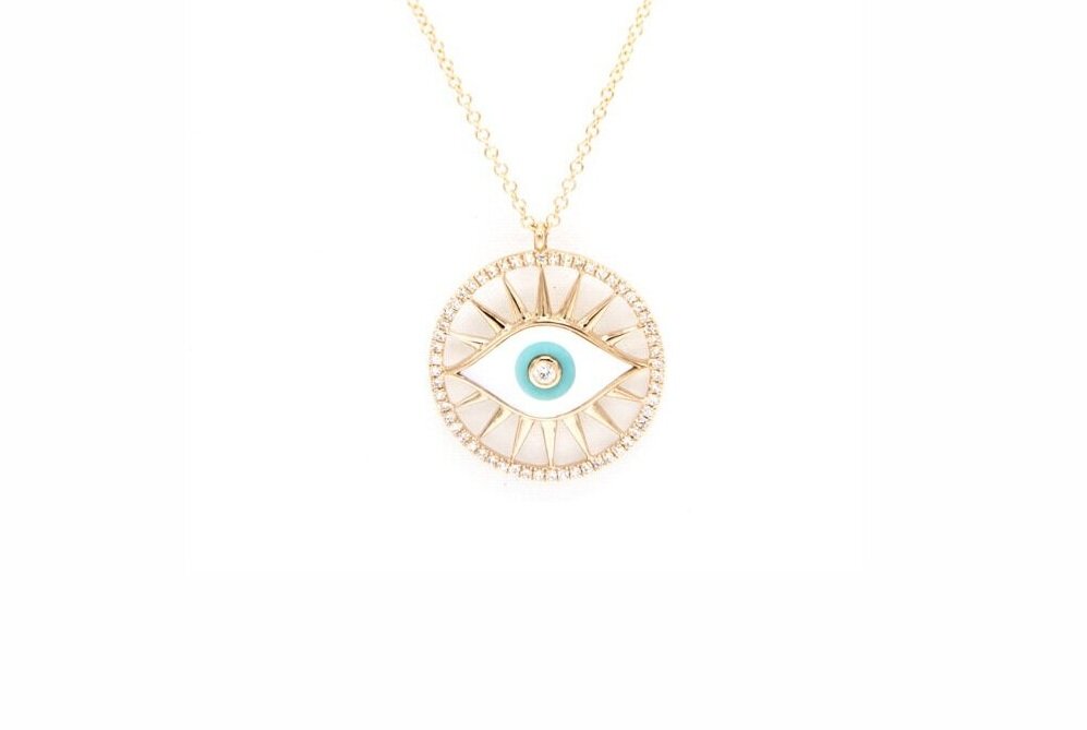 14k Yellow Gold, Diamond, Mother of Pearl and Turquoise Evil Eye Necklace