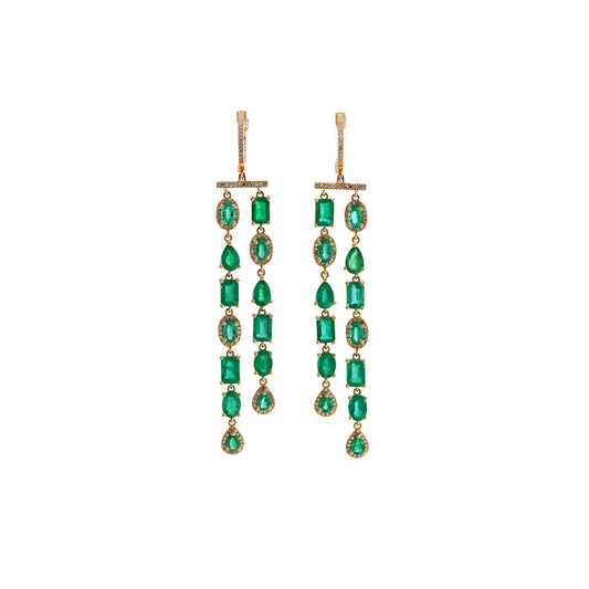 14k Gold, Diamond &amp; Emerald Double Row Earrings