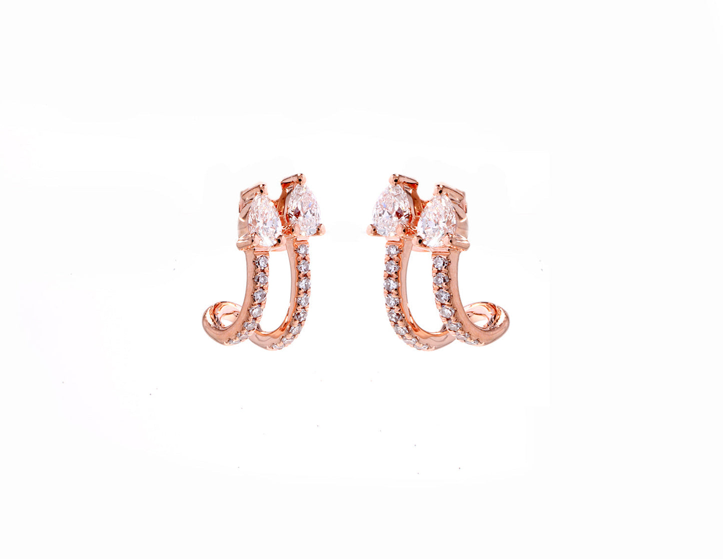 14K Rose Gold Diamond Pave Double Row and Double Pear Shape Diamond Earrings