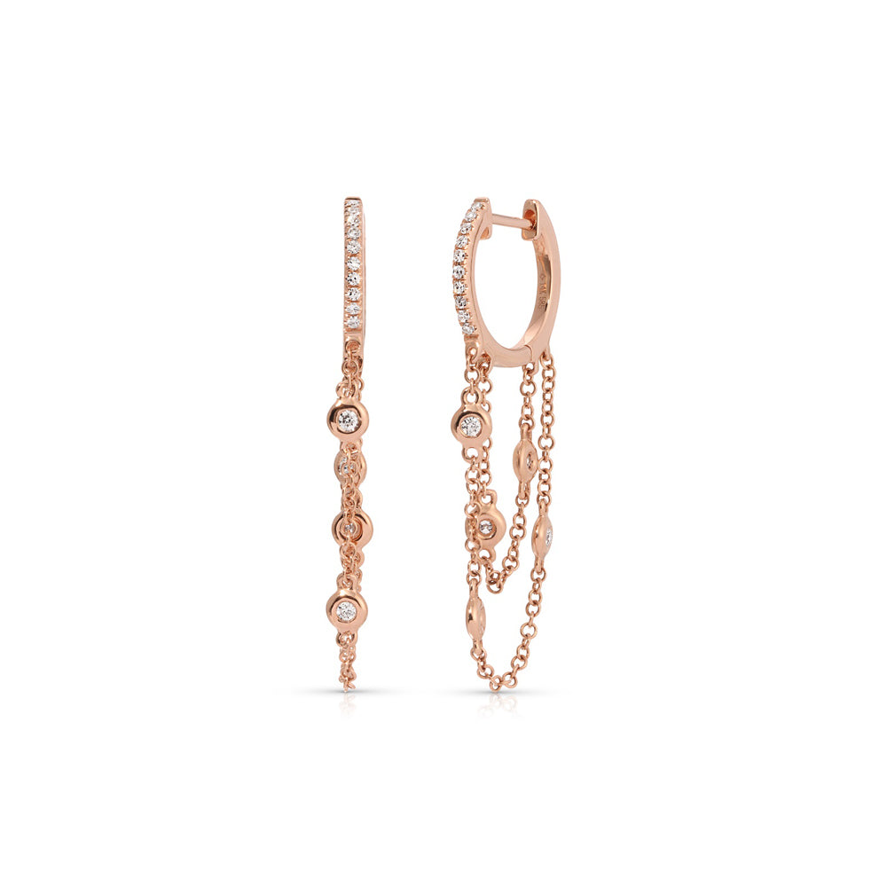 14K Rose Gold Diamond Pave Huggy with Double Row Chain and Multiple Bezel Set