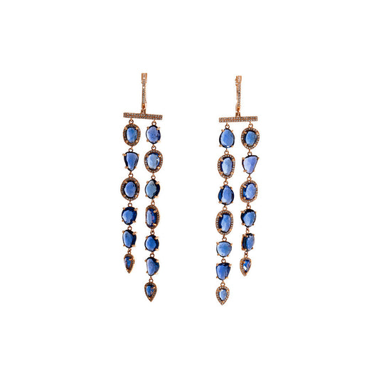 14k Gold, Diamond &amp; Fancy Shape Sapphire Double Row Earrings
