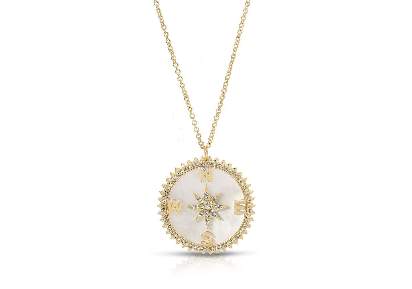 14K Yellow Gold Mother of Pearl and Diamond Compass Necklace