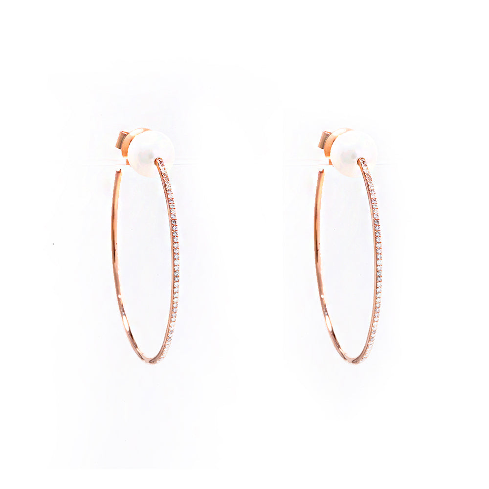 14K Rose Gold Diamond Pave and Pearl Stud (1 1/2 inch Hoop)