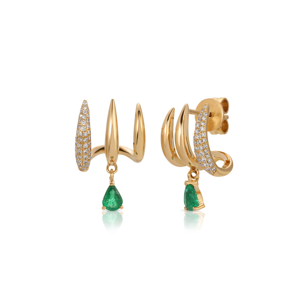 14K Rose Gold Diamond Pave and Gold Triple Claw Earring with Emerald Drop