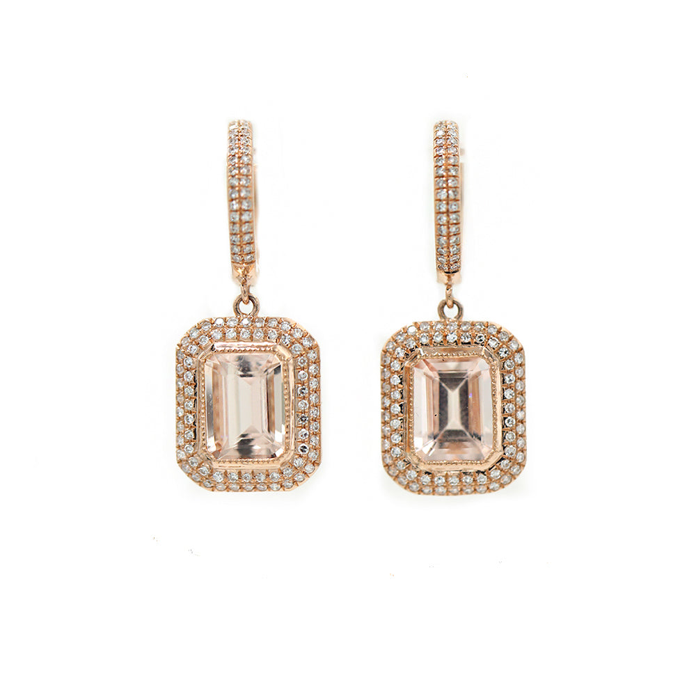 14k Rose Gold Diamond Pave and Morganite Drop Earrings