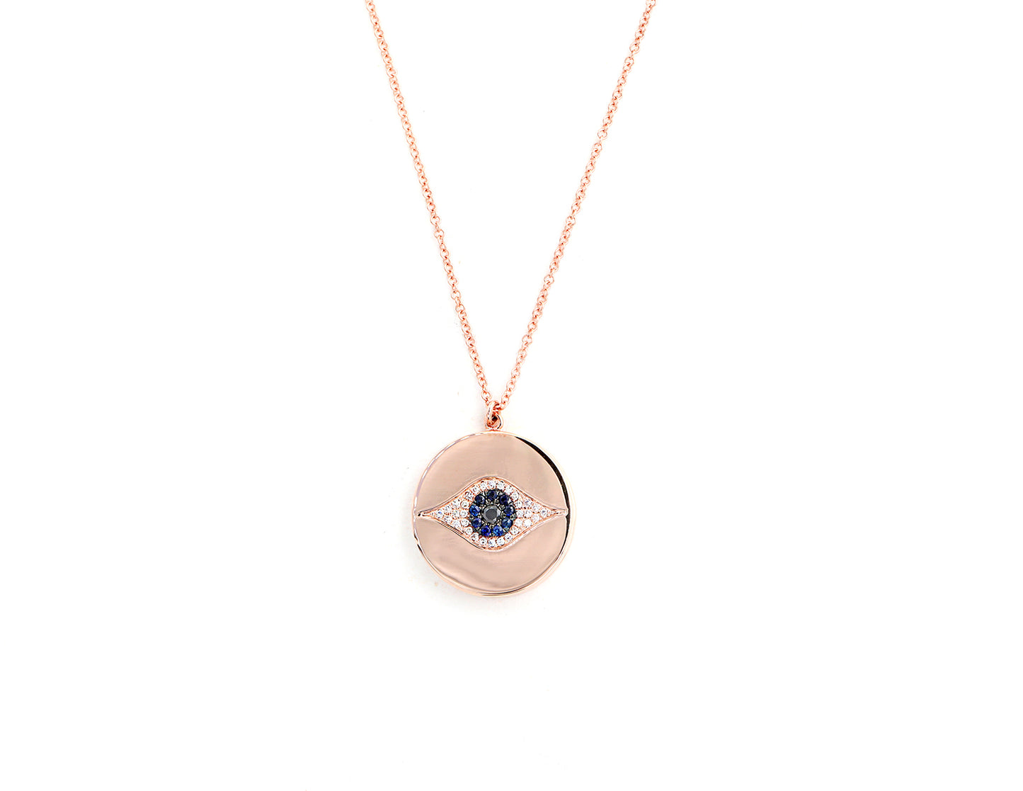 14k Rose Gold Diamond, Black Diamond and Sapphire Evil Eye Locket Necklace
