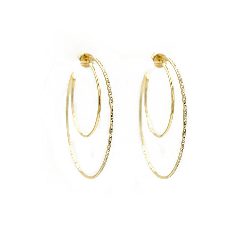 14KT Yellow Gold Double Hoop Earring, One Row Pave Diamond