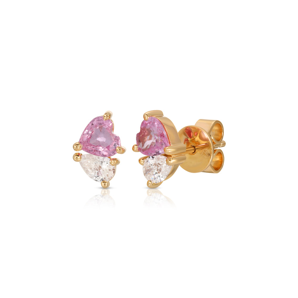14K Rose Gold Pink Sapphire Heart and Diamond Pear Shape Studs