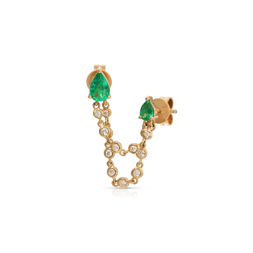 14K Yellow Gold Double Emerald Pear Shape Studs with Double Row Diamond Chain