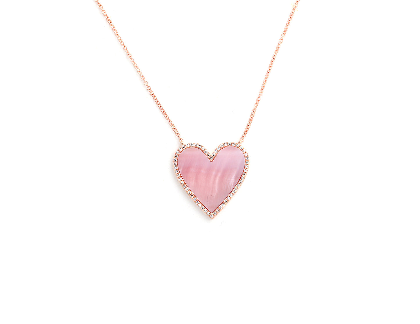 14k rose gold diamond pave and mother of pearl heart