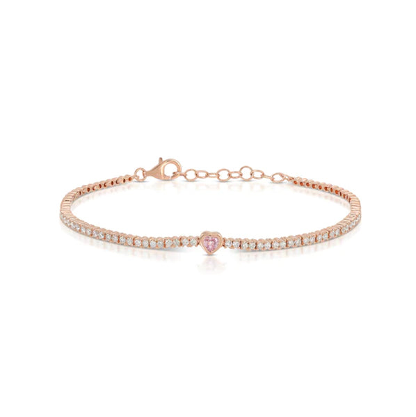 14K Rose Gold Diamond Bracelet with Pink Sapphire Heart