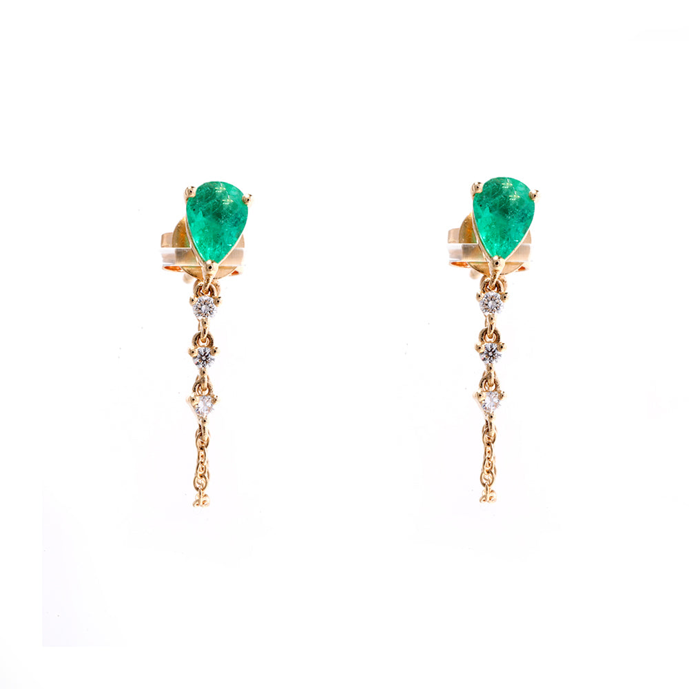 14K Rose Gold Emerald and Diamond Chain Drop Earring
