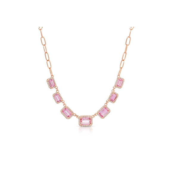 14K Rose Gold Multiple Pink Sapphire and Diamond Chain Link Necklace