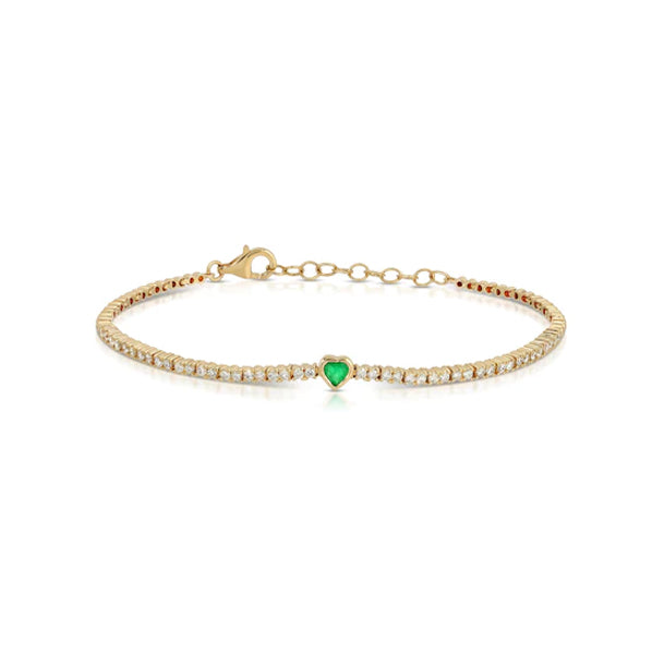 14K Yellow Gold Diamond Bracelet with Emerald Heart