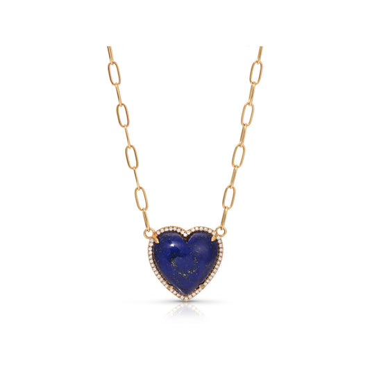 14K Yellow Gold Diamond Pave & Lapis Heart on Paper Clip Chain