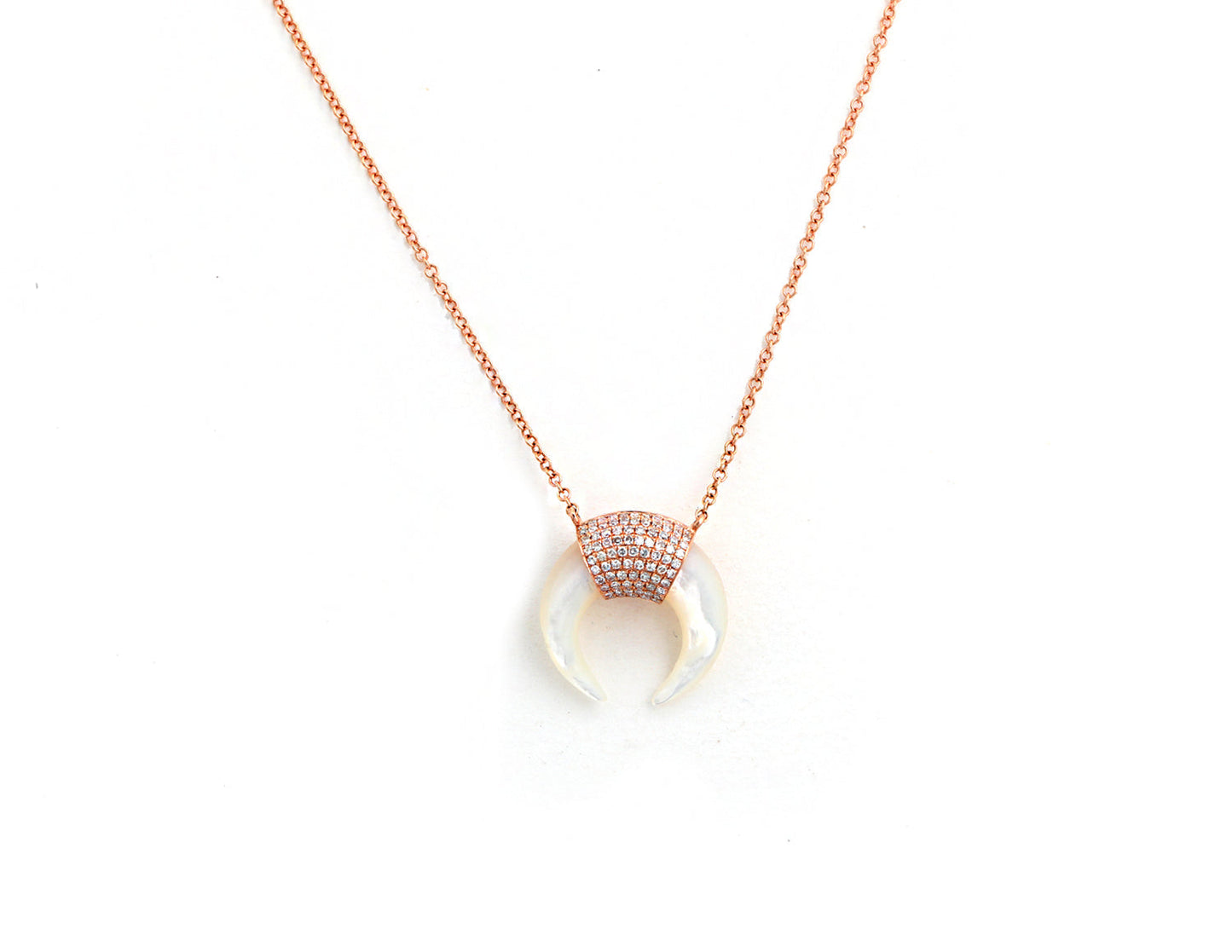 14k Rose Gold, Mother of Pearl and Diamond Pave Horn Necklace