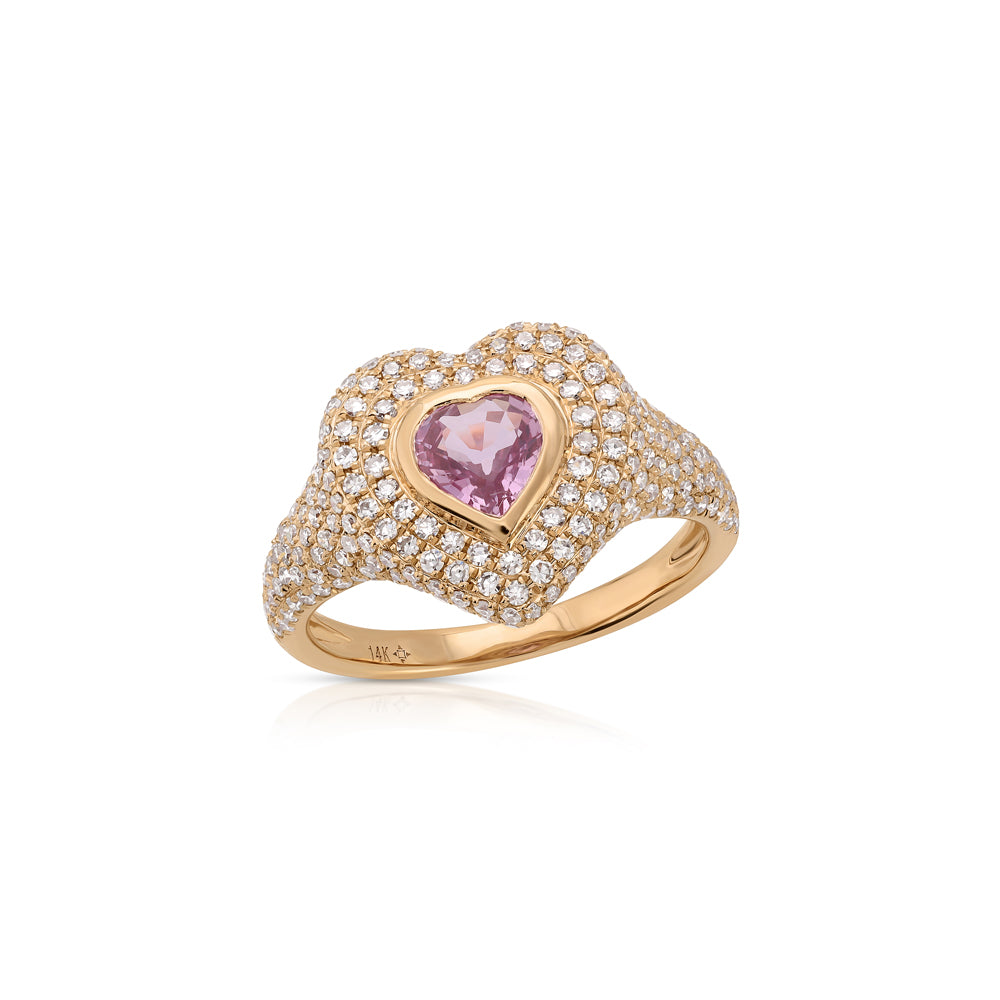 14K Rose Gold Diamond Pave and Pink Sapphire Heart Pinky Ring