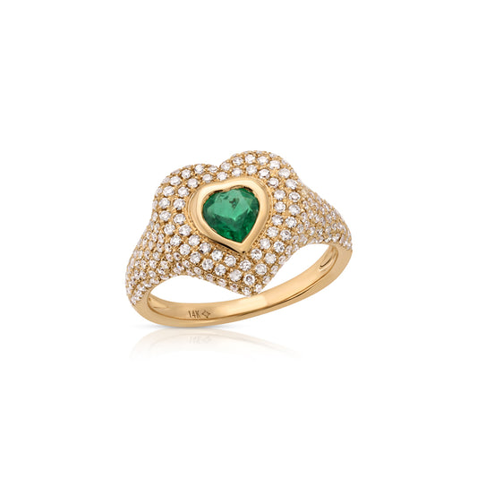 14K Rose Gold Diamond Pave and Emerald Heart Pinky Ring
