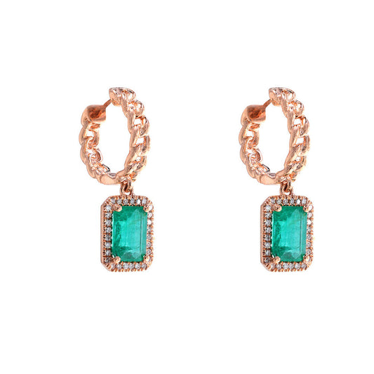14k Rose Gold Chain Link Huggy with Emerald &amp; Diamond Drop