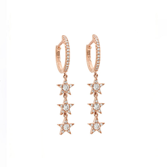 14k Rose Gold Diamond Pave Triple Star Drop Huggies