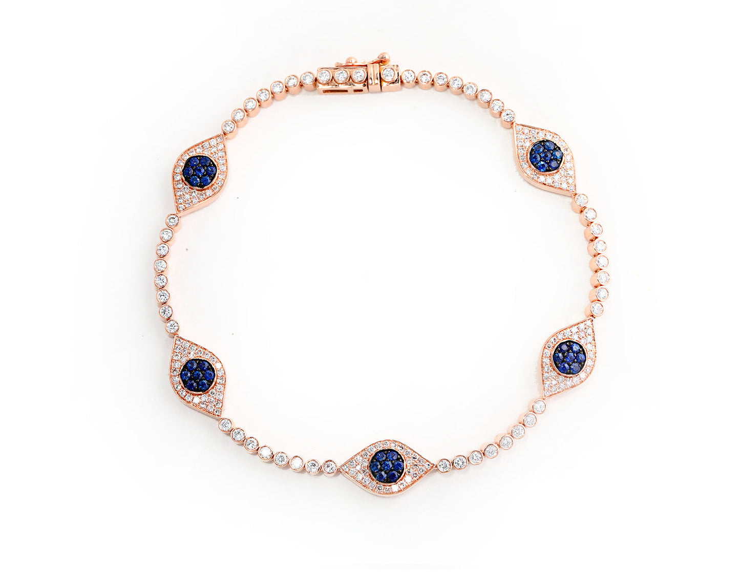14k Rose Gold Diamond and Sapphire Multiple Evil Eye Bracelet