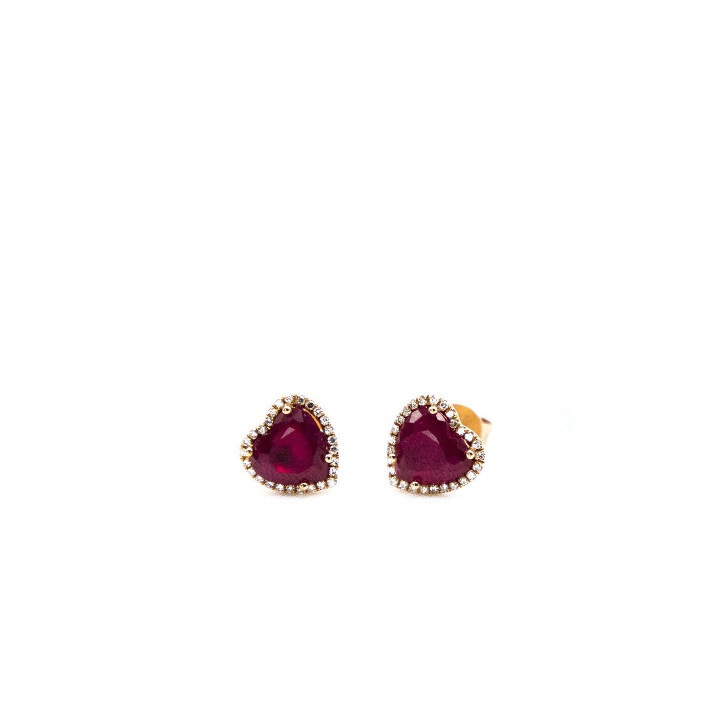 14k Yellow Gold Ruby and Diamond Pave Heart Studs
