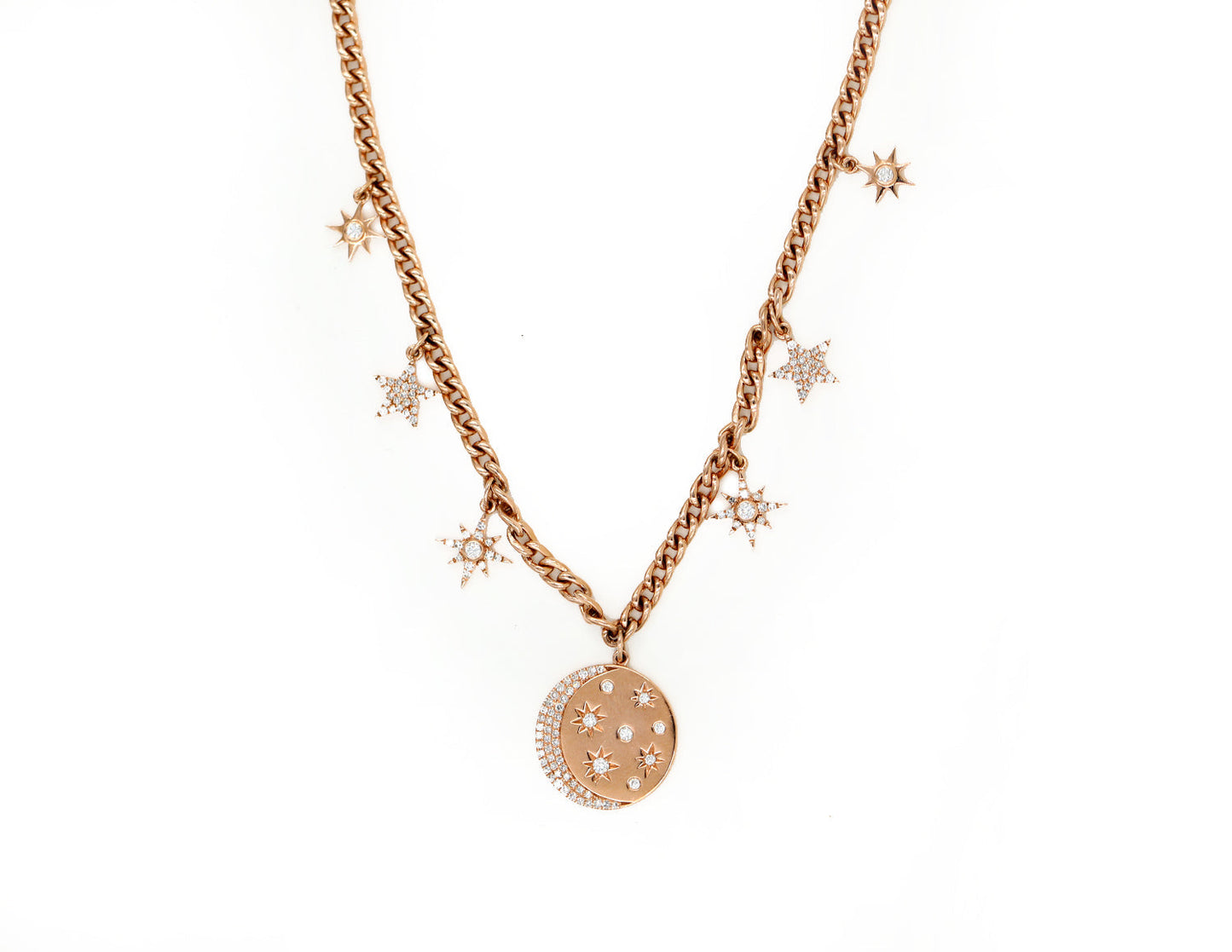 14K Rose Gold Chain Link Pave Star, Starburst and Crescent Moon Charm Necklace