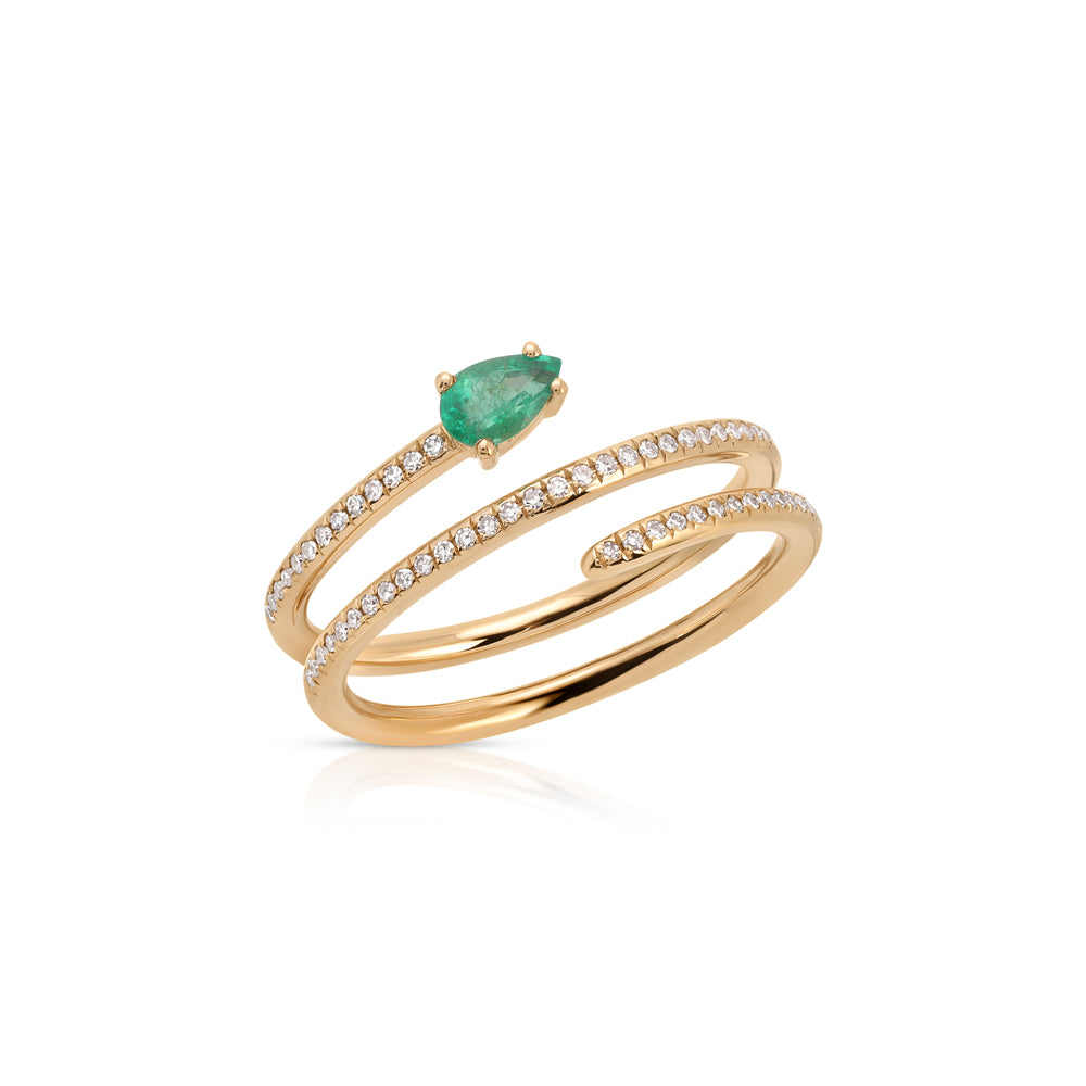 14K Rose Gold Pear Shape Emerald and Diamond Pave Coil Ring