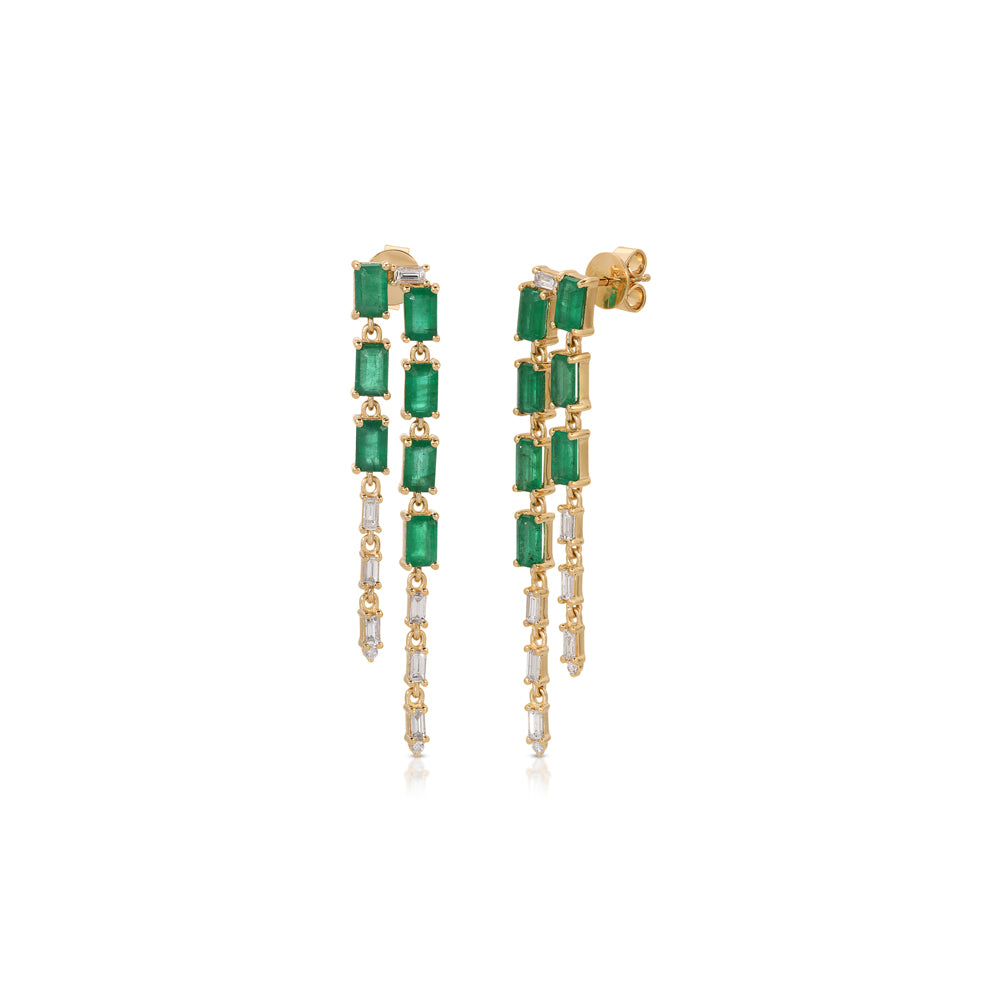 14K Rose Gold Emerald and Diamond Baguettes Double Row Straight Line Earrings