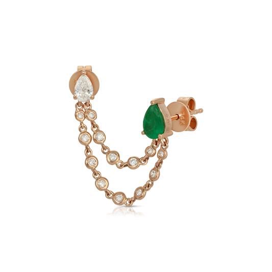 14K Rose Gold Diamond Pear Shape and Emerald Pear Shape Studs with Double Row Diamond Chain