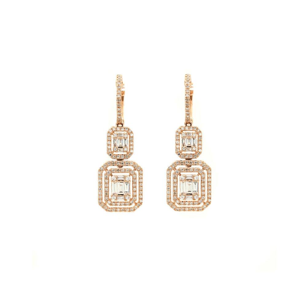 14k Rose Gold Diamond Pave and Baguette Diamond Double Drop Earrings