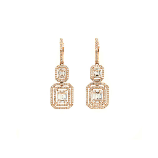 14k Rose Gold Diamond Pave and Baguette Diamond Double Drop Earrings